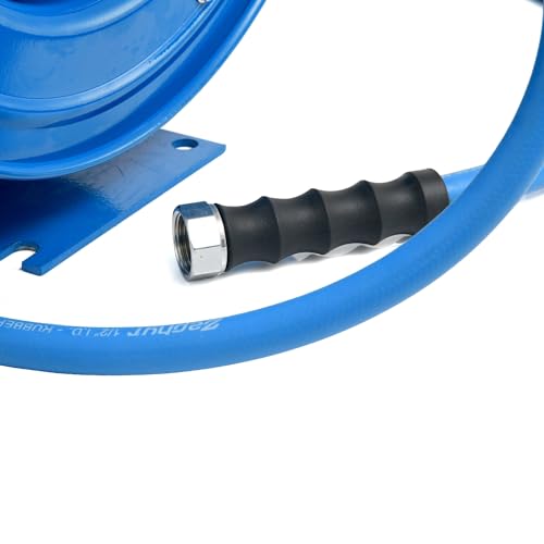 Image of Zephyr Auto Retractable Heavy Duty Hose Reel 10mm / 3 /8 inch with Rubber Hose, 8 Mode Spray Nozzle - Blue | 10 mtr