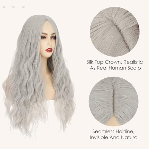 Image of S-noilite Long Grey Cosplay Wig for Women 27 inch Curly Wavy Middle Part Wig Heat Resistant Synthetic Hair Halloween Costume Party Daily Use Colorful Wigs