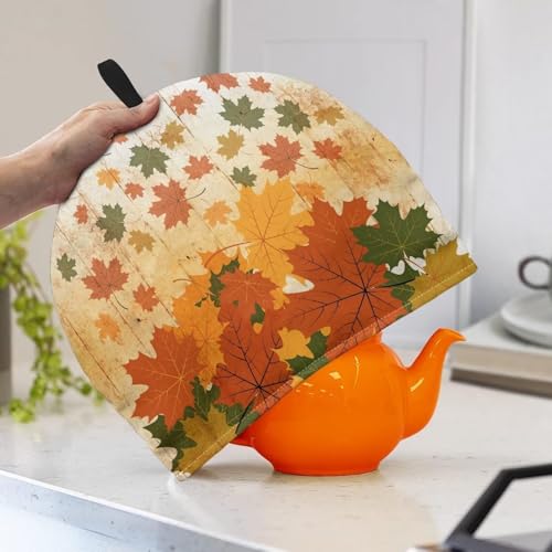 Image of Hudotybom Fall Maple Leaf Tea Cozy for Teapot Insulated Large Teapot Cover to Keep Warm Tea Kettle Cover Thanksgiving Fall Kitchen Home Decorations