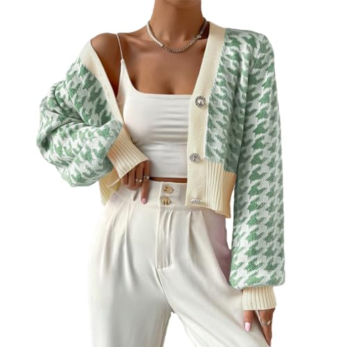 Women Houndstooth Print Button Down Crop Sweater Cardigan Lantern Sleeve V Neck Drop Shoulder Casual Crop Bolero2
