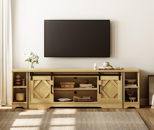 Image of WAMPAT Farmhouse TV Stand for 80-85 inch TV with Distressed Wood Finish