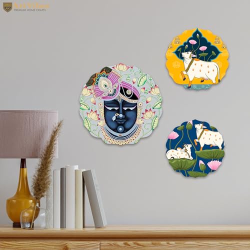 Artvibes Pichwai Designer Wooden Wall Hanging Decor | Decorative Hanging Items for Living Room | Office | Gifts | Modern Wall Decoration Accessories for Home | Door Hanging Painting Art Item (WH_8803)