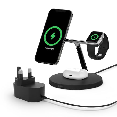 Belkin BoostCharge PRO 3-in-1 Wireless Charger with MagSafe for iPhone 14, iPhone 13, iPhone 12 + Apple Watch + AirPods (Magnetically Charges iPhone Models up to 15W)