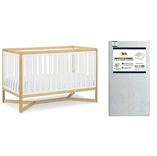 Delta Children Tribeca 4-in-1 Baby Convertible Crib + Serta Perfect Slumber Dual Sided Recycled Fiber Core Crib & Toddler Mattress-Waterproof,Hypoallergenic,GREENGUARD Gold Cert., Bianca White/Natural