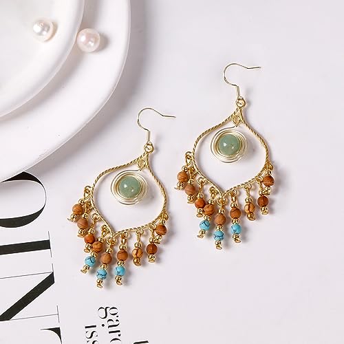 Bohemian Long Tassel Turquoise Beads Water Drop Dangle Earrings For Women Vintage Sbb Copper Coil Necklace Mujer Exaggerated Earring2