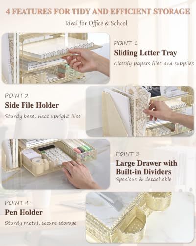 Image of WALI Desk File Organizer, 4 Tier Desktop Paper Letter Tray Organizer with Drawer and 2 Pen Holders, Office Desk Accessories & Workspace Organizers for Office, Home, School Supplies, 1 Pack, Gold