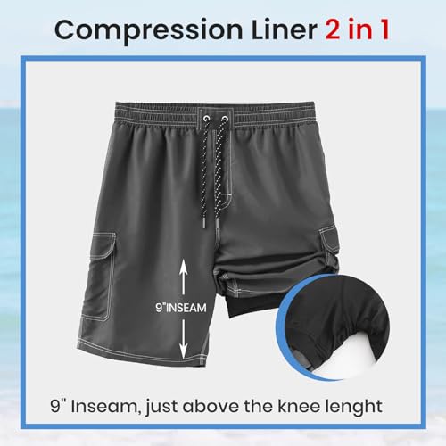 HODOSPORTS Mens Swim Trunks with Compression Liner 9 inch Bathing Suit Quick-Dry Swim Shorts Cargo Pockets S-4XL4