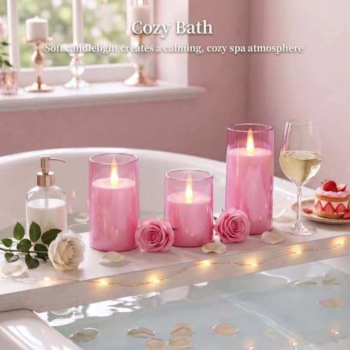 Image of Homemory Realistic Flickering Flameless Pink Candles with Remote & Timer | LED Fake Electric Pillar Candles Battery Operated for Home, Datting, Christmas Decor, Set of 3