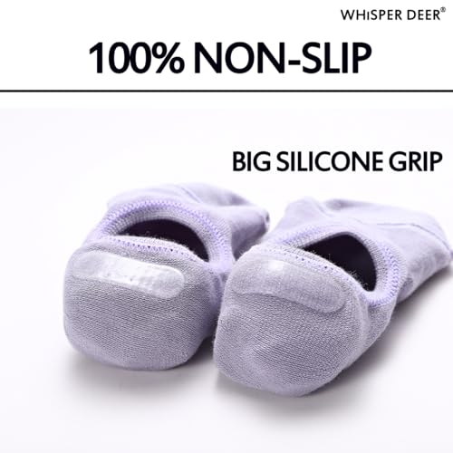 A pair of Whisper Deer No Show Liner Socks in light purple, featuring a large silicone grip on the heel for 100% non-slip performance, with the brand name and text overlay.