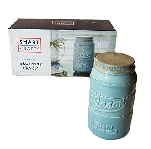 New! Blue Mason Jar Measuring Cups Set! These Unique Stackable Ceramic Measuring Cups Come in a Blue Mason Cup Design! Four Cup Kitchen Set Includes: 1 Cup, 1/2 Cup, 1/3 Cup and 1/4 Cup
