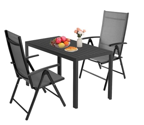 LIFERUN 3-Teiliges Gartenmöbel Set, Aluminium Balkonmöbel Set, 2pcs Verstellbare Hochlehner Klappstühle +110x70cm WPC Wetterfest Rechteckiger Terrassentisch,Essgruppe Sitzgruppe Outdoor, Schwarz