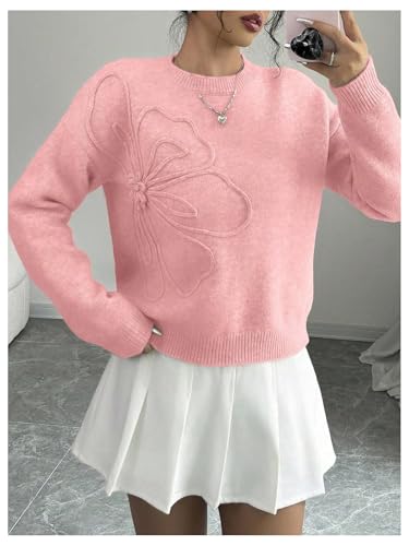 Image of Verdusa Women's Spring 3D Flower Appliques Crewneck Sweaters Long Sleeve Drop Shoulder Pullovers Knit Going Out Tops