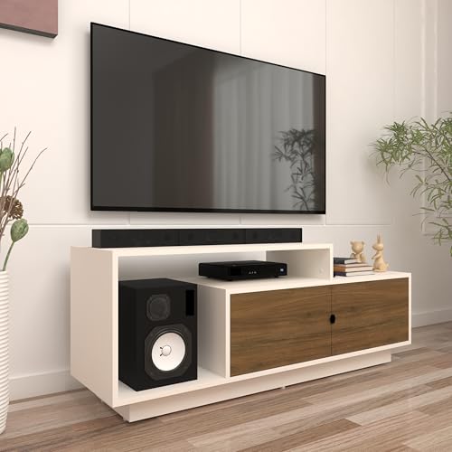 Image of Caspo TV Unit with Storage | Engineered Wood TV Entertainment Unit | Installation Type - DIY(Do-It-Yourself) (Frosty White & Wood Oak Dark)