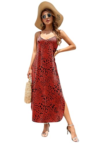 Image of HUSKARY Women's Summer Casual Sleeveless V Neck Strappy Split Loose Dress Beach Cover Up Long Cami Maxi Dresses with Pocket