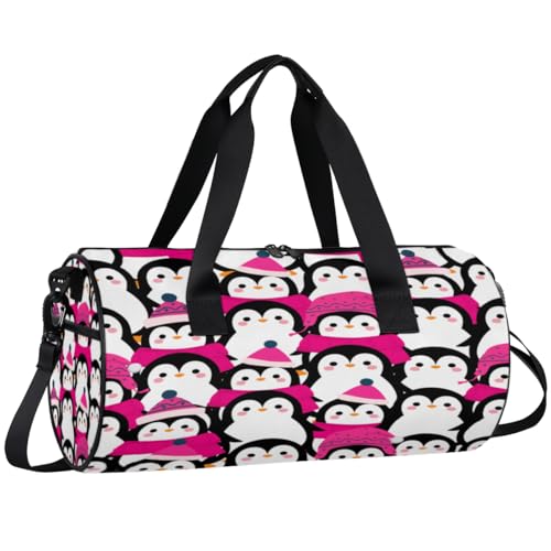 Penguin In Pink Sports Duffel Bag with Shoulder Strap, Large Capacity Gym Bag with Shoe Compartment, Water Resistant Travel Duffle Bag for Men Women Travel, Sports (17.6x9x9 Inch)2