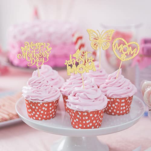 24Pcs Mother's Day Cupcake Toppers Gold Glitter Best Mom Butterfly Cupcake Picks Heart Mom Cake Decorations For Happy Mother's Day Birthday Party Cake Decorations Supplies #TOP5