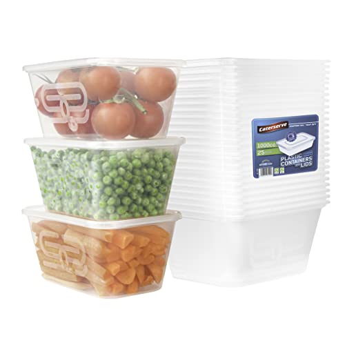 25 Takeaway Plastic Containers With lids 1000ml - Microwave and Dishwasher safe - Ideal for Food storage and Meal Prep - BPA free,recyclable,reusable