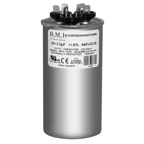 Amana CAP030250440RS Replacement - 25 + 3 uf/Mfd 370/440 VAC BMI Round Dual Universal Capacitor, Made in The U.S.A.
