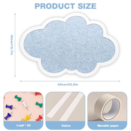 Image of Cute Cloud Felt Bulletin Board for Wall, Self-Adhesive Pin Board with 30 Pushpins, Message Display Board for Notes Photos Office Home Decor (Blue)