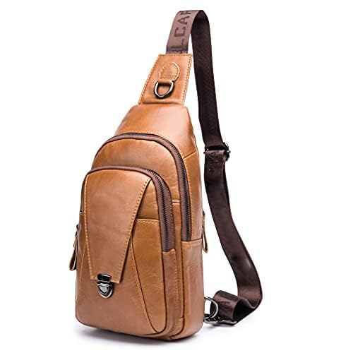 Hebetag Leather Sling Bag Crossbody Backpack for Men Women Outdoor Travel Work Shoulder Chest Pouch Camping Casual Daypack Brown 18cm(W) x8cm(D) x30cm
