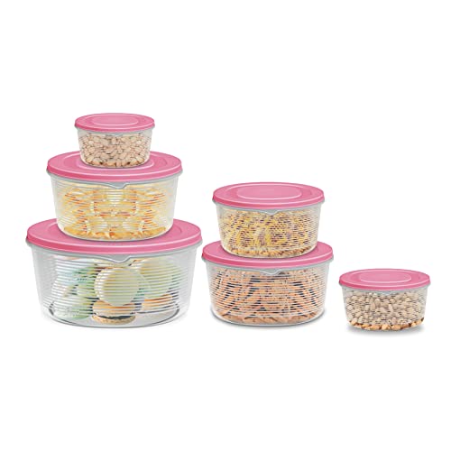 MILTON Store It Round Plastic Food Storage Container Set of 6 with Air Tight Lid (200ml, 400ml, 600ml, 1L, 2L & 3L) Fridge Boxes, Multi-Purpose Leakproof Box for Vegetable Snacks Kitchen Bowl, Pink