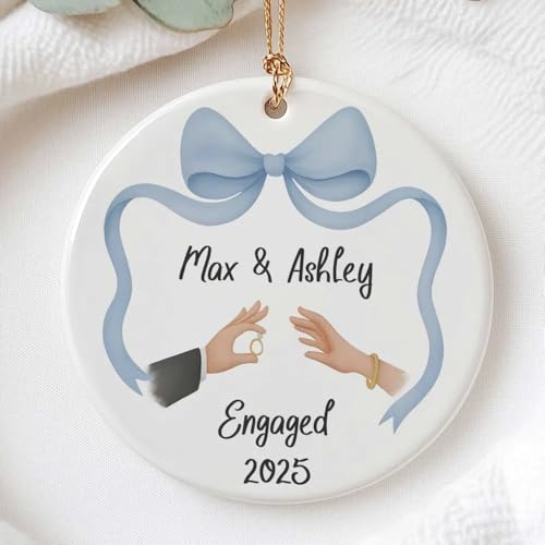 Personalized Engagement Ornament for Couple's First Christmas, Blue Ribbon Keepsake for Bride and Groom, 2025 Ceramic Holiday Decoration - Image 7