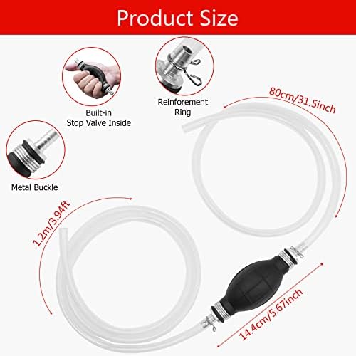 Abnaok Siphon Fuel Transfer Pump, Hand Transfer Fuel Pump with 8mm Primer Fuel Line Hose for Gasoline/Fuel/Liquid/Water Transfer (White hose)