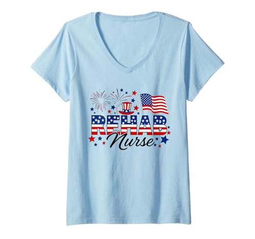 Women's Rehab Nurse Patriotic 4th of July American Flag Fireworks V-Neck T-Shirt
