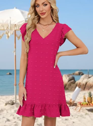 Image of QACOHU Spring Summer Dresses for Women 2026 V Neck Cap Sleeve Ruffle Hem Smock Short Casual Beach Dress