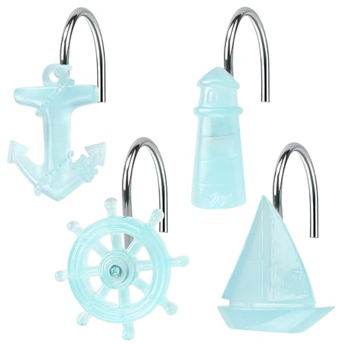 Nautical Shower Curtain Hooks, Tropical Ocean Style Blue Anchor, Rudder, Sailboat, and Lighthouse, Glow in The Dark Summer Bathroom Decor Accessories, Fun Voyage Unique Sea Theme