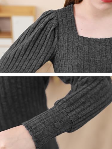 GORLYA Girls Square Neck Trendy Puff Long Sleeve Shirts Kids Ribbed Knit Tops Blouses 6-16Years 6