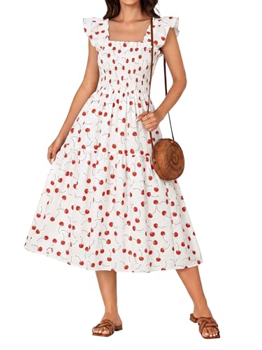 Image of Rooscier Women's A Line Smocked Midi Dress | Summer Sleeveless Square Neck Casual Sundress