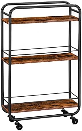 HOOBRO Slim Storage Cart, 3 Tier Rolling Cart with Grids and Wheels, Narrow Kitchen Cart with Lockable Casters, Easy Assembly, for Kitchen, Bathroom Rustic Brown BF18TC01