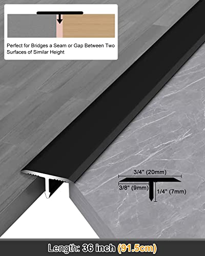 Aluminum T Molding Floor Transition Strip 36 Inch By 3/4 Inch, Matte Black Doorway Edge Trim For Wood Vinyl Laminate Floors, Flat Cinch Seam Cover/Binder, 20Mm Wide #TOP5