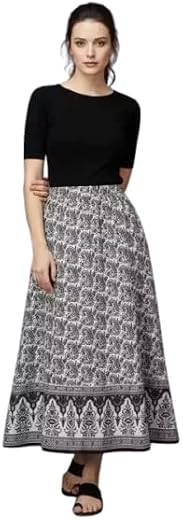 HARAYE Women's Jaipuri Cotton Printed Long Skirt BLACK-WHITE-SKIRT-0090