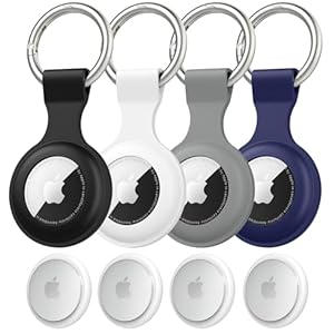 [4-Pack] AirTag Holder – Silicone Case for AirTag Keyring for Keys, Bags, Luggage, Pet Collars – Anti-Lost and Scratch-Resistant Design for Apple Air Tags 2021(Black/White/Grey/Navy Blue)