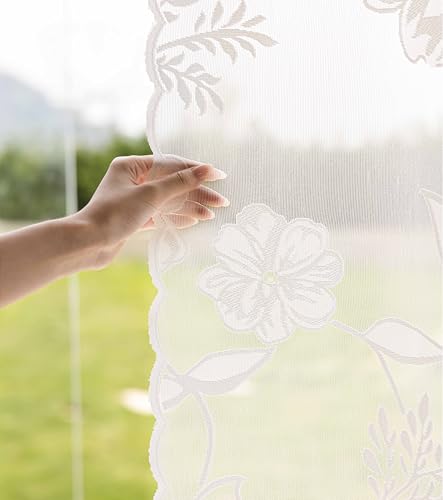 Image of White Lace Sheer Curtains 63inch Rose Knitted Net Curtains with Vintage Floral Embroidered for Living Room Bedroom Window Privacy Country Chic Retro Leaf Semi Sheer Drapes Rod Pocket 54 inchW 2Panels
