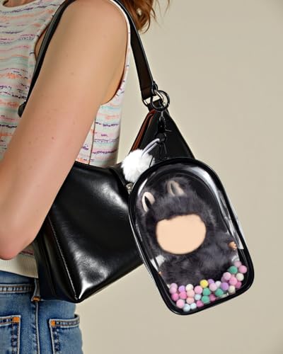 Image of Clear Figure Display Bag with Keychain for Doll, Protective Case for Plush Doll, Clear Hanging Display Cases, Crossbody Doll Storage Bag, PVC Storage Case Cover for Figures Dolls (Black, Middle)