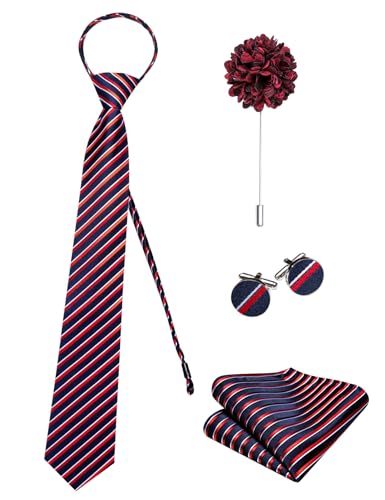 Image of Hi-Tie Zipper Ties for Men Pre-tied Tie Set Lapel Pin Pocket Square and Cufflinks Formal Business Wedding Adjustable Necktie