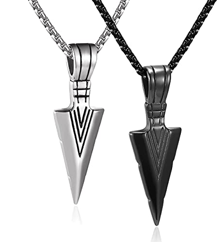 Wainis 2 Pcs Stainless Steel Pendant Necklace For Mens Cool Spearpoint Arrowhead Pendant Chain Necklace Set Black & Silver Tone #TOP25