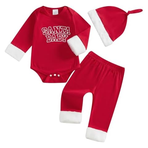 Muasaaluxi My First Christmas Baby Boy Outfit Long Sleeve Santa Baby Romper Red Long Pants Xmas Hat 3Pcs Christmas Outfit (Red, 0-3 Months) Cover