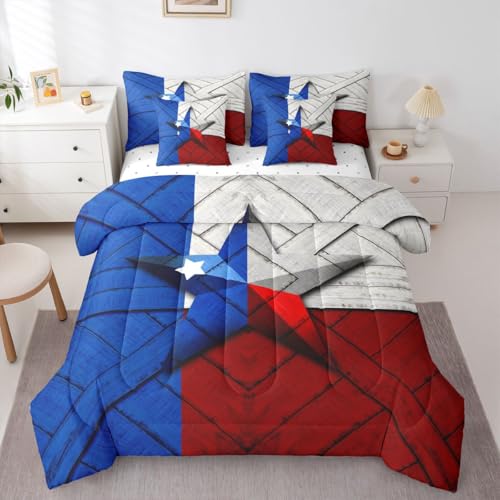 Image of Erosebridal Western Texas Star Queen Comforter Set with Sheets | Red Blue American Flag 7-Piece Bedding Set Grunge Stars and Stripes Rustic Bed in a Bag, Retro Vintage Wood Plank Cowboys Bed Sets