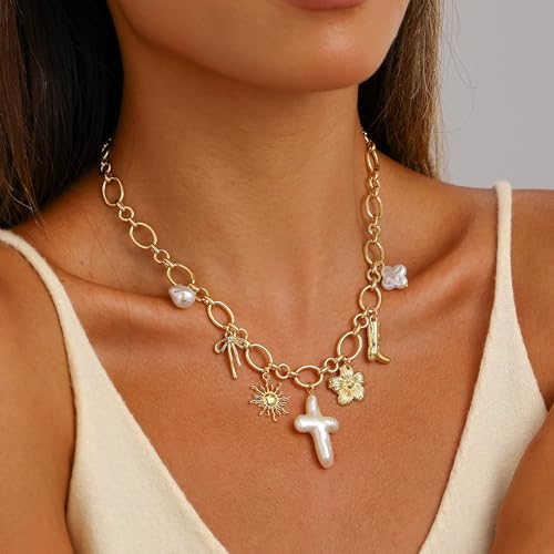 Chunky Gold Charm Necklace For Women Cross Pearl Seashell Necklaces Shell Starfish Beach Pendant 14K Summer Jewelry3
