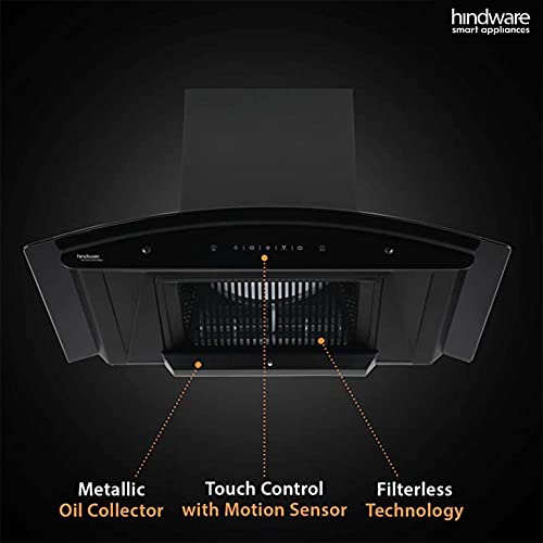 Image of Hindware Nadia 90 cm 1350 m /hr Stylish Filterless Auto-Clean Kitchen Chimney with Oil Collector, Motion Sensor & Touch Control For Easy Operation (Curved Glass, Black)