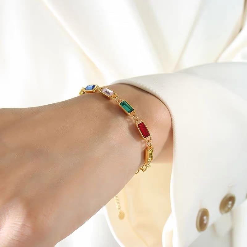 Dainty Rectangular Colorful Rhinestones Glass Chain Link Bracelet for Women Gold Minimalist Handmade Geometric Multicolor Rainbow Diamond Adjustable Bracelets Trendy Jewelry for Her - Image 5
