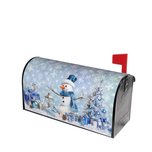 Image of Winter Snowman Mailbox Cover Magnetic 25.5 inchx21 inch Oversize Blue Christmas Tree Balls Xmas Snowflakes Mailbox Wrap Post Cover Decor for Yard Garden Home Outdoor Holiday New Year