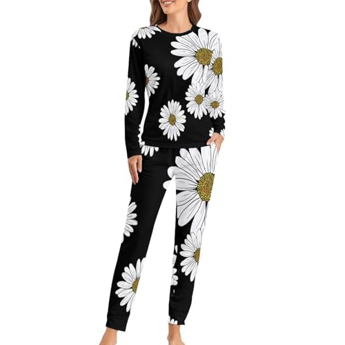 Pyjama femme Fleur Blanche ensemble t-shirt manches longues et pantalon pour cocooning cocoon