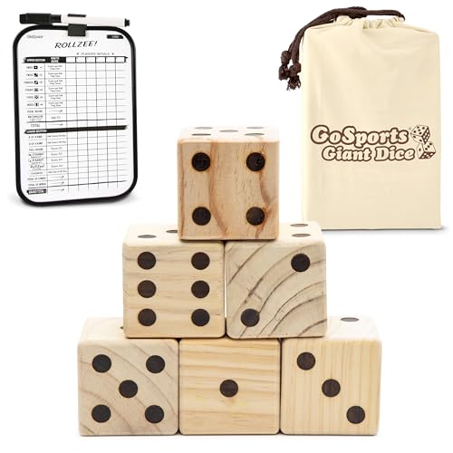 GoSports Giant 2.5 Inch Wooden Playing Dice Set with Rollzee Scoreboard (Includes 6 Dice Dry-Erase Scoreboard and Canvas Carrying Bag)