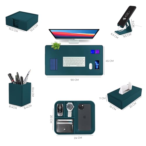 Image of V-CUBE Designs Premium Vegan Leather Executive Set of 6| Multipurpose Personal Desk Organizer| Desk Mat | Valet Tray| Tissue Holder | Pen Holder| Coaster | Mobile Stand for Office Table & Home - Teal