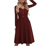 Yageshark Kleid Damen Langarm Rundhals Einfarbig Knielang Freizeitkleid Swing Hohe Taille A-Linien Knopf Midikleid (Z-Wein,Medium)